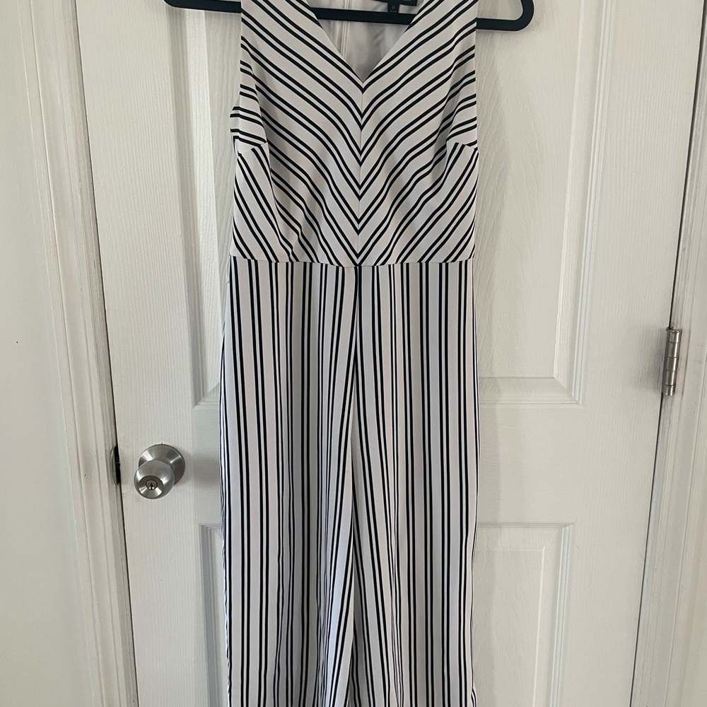 Banana Republic Black and White Striped Jumpsuit with V-Neck